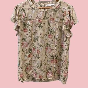 DR2 blouse. Pink floral with ribbon detail. Short ruffled sleeves Size L